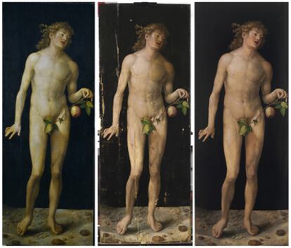 'Adán' antes de su restauración, durante y después. Estas tres imágenes muestran cómo los daños del soporte habían incidido directa y negativamente sobre la capa pictórica provocando las faltas de preparación y de color que, en la imagen final, se aprecian completamente reparadas tras su restauración.