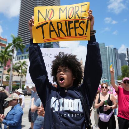 Paul Ivanov chants slogans during a protest against the Trump administration, Saturday, April 19, 2025, in Miami. (AP Photo/Lynne Sladky)