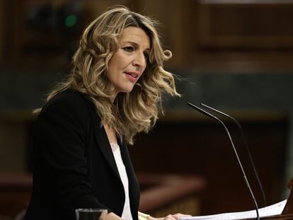 La vicepresidenta segunda del Gobierno y ministra de Trabajo y Economía Social, Yolanda Díaz, el jueves durante su intervención en el Congreso.