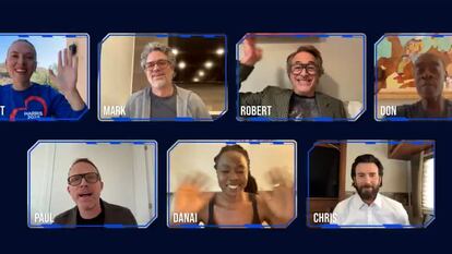 Fotograma de la videollamada de actores de Marvel en apoyo a Kamala Harris.