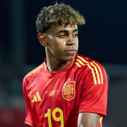 MALLORCA, SPAIN - JUNE 08: Lamine Yamal of Spain looks on during the international friendly match between Spain and Northern Ireland at Estadi de Son Moix on June 08, 2024 in Mallorca, Spain. (Photo by Rafa Babot/Getty Images)