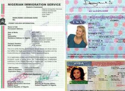 Imagen de uno de los pasaportes falsos utilizados en uno de los timos, y de una de las cartas para un supuesto permiso de trabajo en Nigeria.