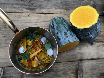 MORÓN MELOSO, ZAPALLO LOCHE, AJÍ AMARILLO, CHICHA DE JORA, CILANTRO Y ZANAHORIA EN ALMÍBAR DE NARANJA. (SE ACOMPAÑA DE PICHÓN ASADO) / CAPEL