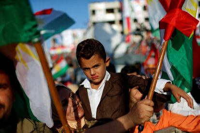 Kurdos en Erbil, Irak, celebrando su apoyo al referéndum de independencia que se celebrará el día 25 de septiembre.