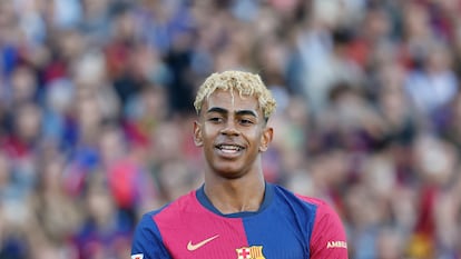 Barcelona's Lamine Yamal celebrates after scoring his side's opening goal during the Spanish La Liga soccer match between Barcelona and Villarreal at Lluis Companys Olympic Stadium in Barcelona, Spain, Sunday, May 18, 2025. (AP Photo/Joan Monfort)
Associated Press / LaPresse
Only italy and spain