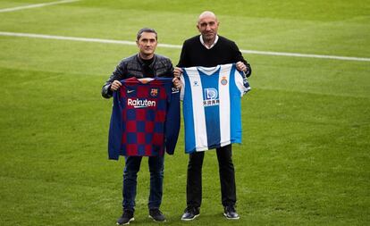 Ernesto Valverde y Abelardo, entrenadores del Barcelona y Espanyol.