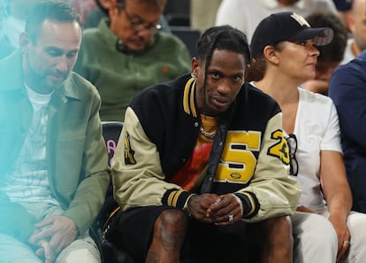 Travis Scott during the France-Germany basketball game at the Paris Olympics on August 8, 2024.