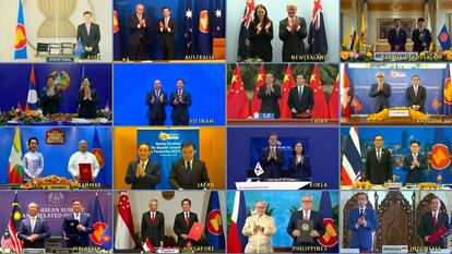 Imagem da videoconferência com os líderes dos 15 países que assinaram o RCEP, criando o maior tratado comercial do mundo