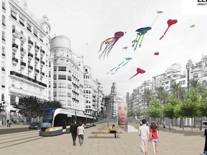 Recreaci&oacute;n virtual del proyecto en la plaza del Ayuntamiento de Valencia.
