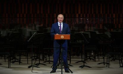 Putin en un discurso por las celebraciones del día de Moscú, el pasado 5 de septiembre, en el auditorio Zaryadye.