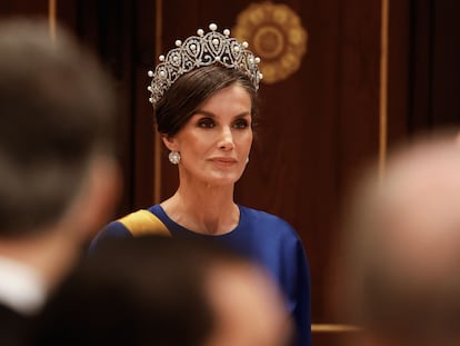 ÁMSTERDAM (PAÍSES BAJOS), 17/04/2024.- La reina de España, Letizia, durante la cena de gala con motivo de su visita de Estado a Países Bajos, este miércoles en Ámsterdam (Países Bajos). EFE/ Chema Moya

