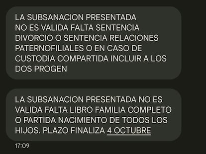 Sucesión de mensajes que recibió una madre por parte de la Comunidad de Madrid en un pantallazo cedido por una familia afectada.