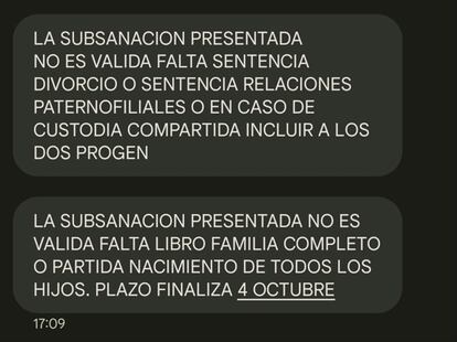 Sucesión de mensajes que recibió una madre por parte de la Comunidad de Madrid en un pantallazo cedido por una familia afectada.