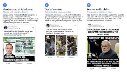 Ejemplo de imágenes y noticias falsas detectadas por Facebook.