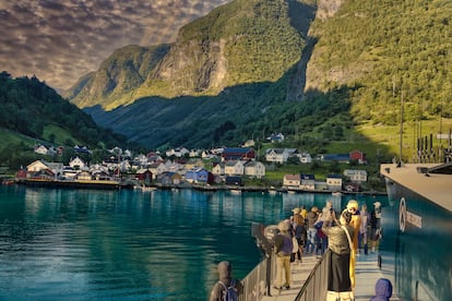 Vista desde una travesía en barco del pueblo de Undredal, en el fiordo de Aurland.