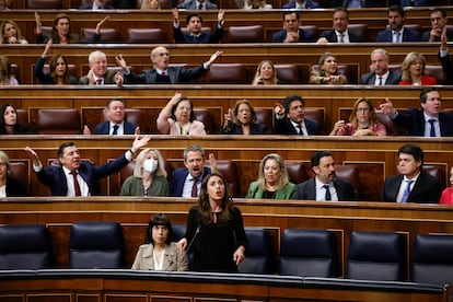 Los diputados de la bancada del PP protestan durante la intervención de la ministra de Igualdad, Irene Montero, en la sesión de control al Gobierno el 30 de noviembre de 2022, en el Congreso.