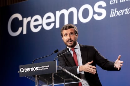 El líder del PP, Pablo Casado, durante un acto de partido este martes en Barcelona.