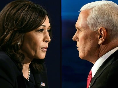 Un montaje con las fotografías de Kamala Harris, candidata demócrata a la vicepresidencia de EE UU, y de Mike Pence, su rival republicano.