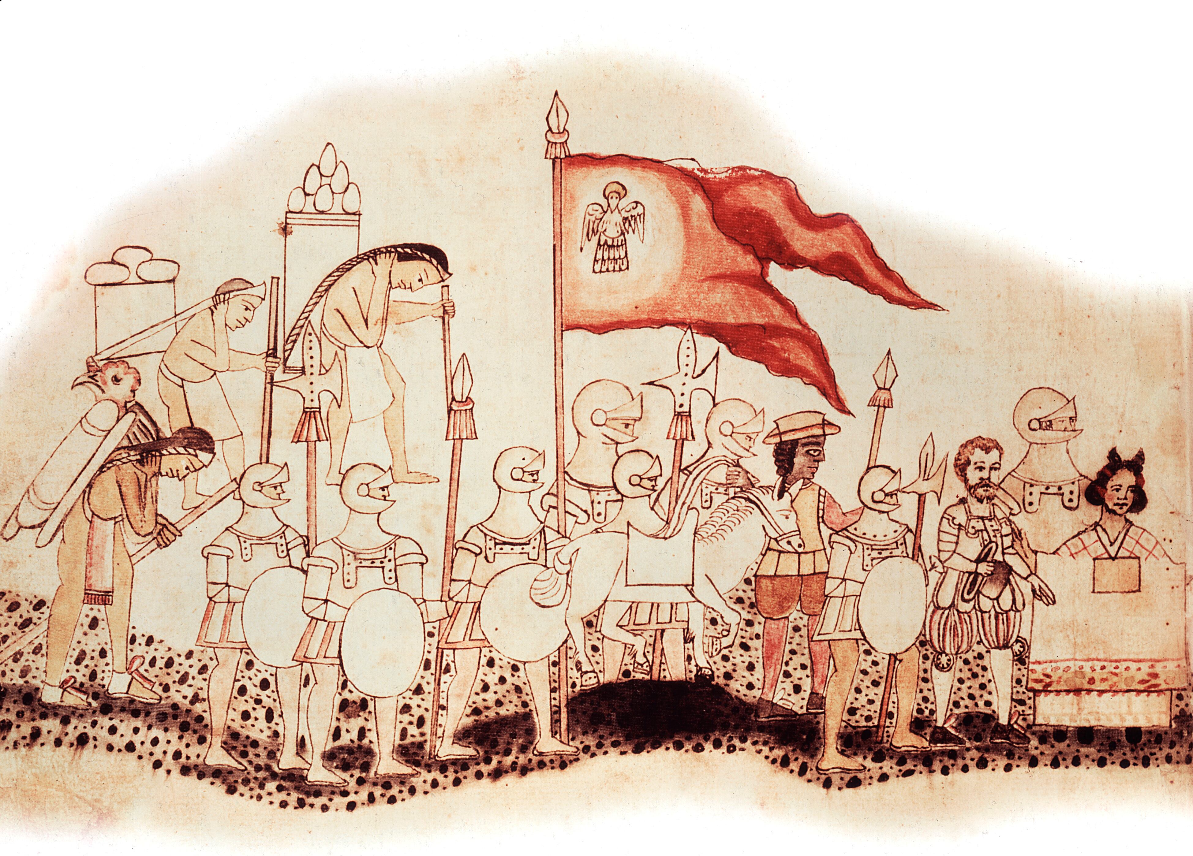 Hernández Cortés, acompañado de La Malinche, su intérprete, a su llegada a México, en un grabado de la Biblioteca Nacional de París.