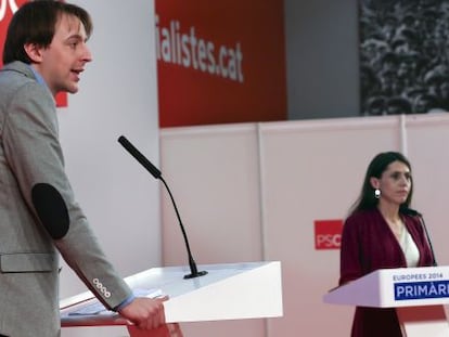 Javi L&oacute;pez y Eliana Camps, durante un debate en el PSC.