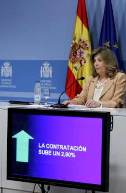 La secretaria de Estado de Empleo, Engracia Hidalgo, durante la rueda de prensa en la que ha analizado los datos del paro. 