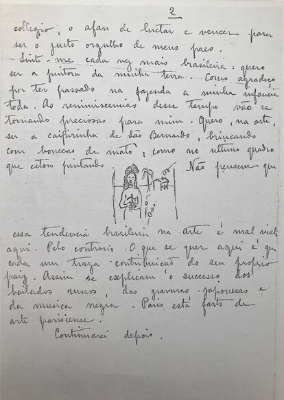 La carta en la que Tarsila cuenta a su familia desde París que está pintando la obra ahora a la venta.