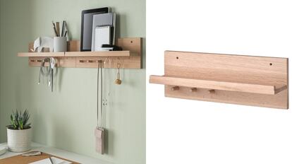 Este organizador de pared de madera maciza cuenta con una balda superior y pequeños ganchos inferiores.