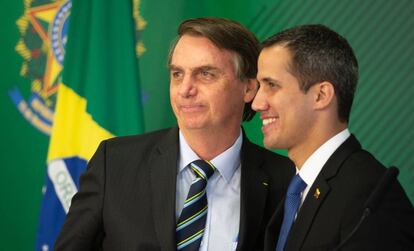 Bolsonaro e Guaidó no Palácio do Itamaraty, nesta quinta-feira.