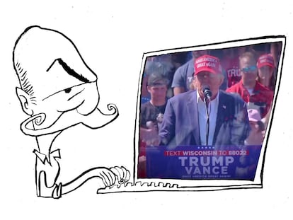 Ilustración de Martín Caparrós escribiendo sobre Donald Trump en ‘Cacocracia’