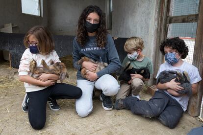 Un grupo de niños con conejos en los brazos durante su visita a la granja escuela El Palomar.