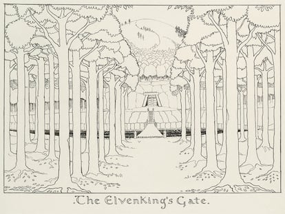 Lo que aquí se ve es 'La puerta del rey de los elfos', una avenida de altos árboles que se dirigen hacia un puente, tras el que está la escalera que va a dar a una cueva que da paso a una gruta subterranea. Al fondo una colina. Es uno de los dibujos más refinados de todos los realizados por Tolkien.