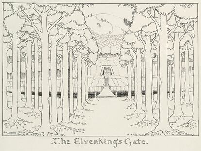 Lo que aquí se ve es 'La puerta del rey de los elfos', una avenida de altos árboles que se dirigen hacia un puente, tras el que está la escalera que va a dar a una cueva que da paso a una gruta subterranea. Al fondo una colina. Es uno de los dibujos más refinados de todos los realizados por Tolkien.