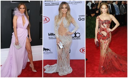 Jennifer Lopez es una de las estrellas que más flashes se lleva en cada una de las alfombras rojas que pisa. Vestidos sensuales, con transparencias y escotes suelen ser su elección. En la imagen, de izquierda a derecha: en los premios Grammy de este año, los Billboard de 2015 y en la gala del Met de ese mismo año.