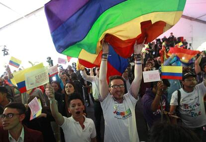 Un hombre agita una bandera gay durante las celebraciones de los simpatizantes de Juan Manuel Santos.