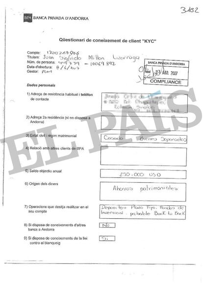 Documento know your client (conozca a su cliente, en inglés) que el exgobernador de Sinaloa Juan Sigfrido Millán Lizárraga rellenó en la Banca Privada d'Andorra (BPA) para abrir su cuenta. 