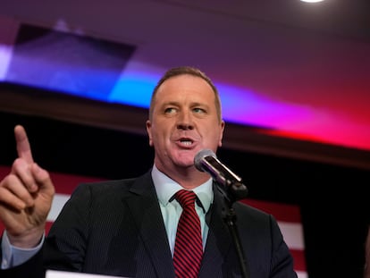 Republican U.S. Sen.-elect and Missouri Attorney General Eric Schmitt delivers a victory speech, Nov. 8, 2022, in Maryland Heights, Mo.