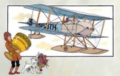 Tintín y Milú junto a un avión de 1914.