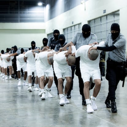 Salvadoran police officers escort alleged members of the Venezuelan gang Tren de Aragua recently deported by the U.S. government to be imprisoned in the Terrorism Confinement Center (CECOT) prison, as part of an agreement with the Salvadoran government, in Tecoluca, El Salvador, in this handout image obtained March 16, 2025. Secretaria de Prensa de la Presidencia/Handout via REUTERS ATTENTION EDITORS - THIS IMAGE HAS BEEN SUPPLIED BY A THIRD PARTY. NO RESALES. NO ARCHIVES