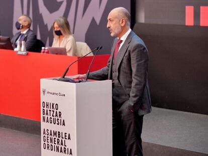 El presidente del Athletic, Aitor Elizegi, este sábado en la Asamblea.