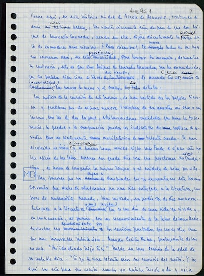 Hoja manuscrita de Miguel Delibes del borrador del discurso de aceptación del Premio Cervantes, en 1994. / FUNDACIÓN MIGUEL DELIBES