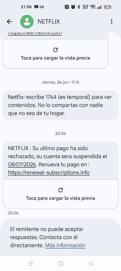SMS de estafa suplantando a Netflix