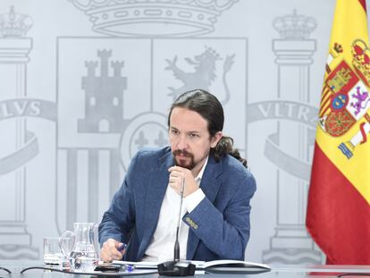 El vicepresidente y ministro de Derechos Sociales y Agenda 2030, Pablo Iglesias, este viernes, tras la rueda de prensa del Consejo de Ministros.