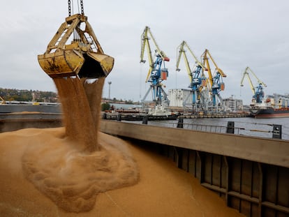 Grano de trigo cargado en un buque en el puerto de la ciudad ucrania ocupada de Mariupol con destino a la ciudad rusa de Rostov, el 25 de octubre de 2023.