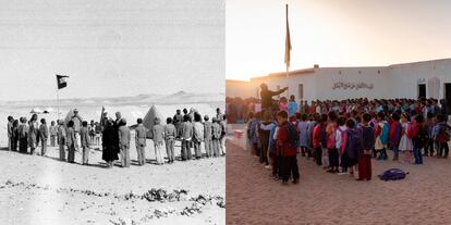 Estudiantes al comienzo de las clases durante el izado de la bandera, wilaya de Bojador (1974 - 2017). Sáhara Occidental.