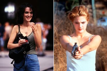 A la izquierda, Winona Ryder durante el rodaje de ‘Celebrity’ (1997). A la derecha, Drew Barrymore en ‘Guncrazy’ (1992).