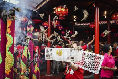 Uma mulher chinesa liberta passarinhos para celebrar o Ano Novo Lunar chinês, no templo Dharma Sakti, em Jacarta, na Indonésia. O ato simboliza boa sorte na tradição chinesa.