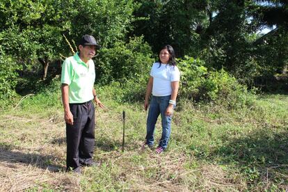 Glenda y José Chávez señalan el punto donde encontraron pistas sobre su padre antes de hallarlo muerto. La propiedad limita con las tierras de Dinant en Paso Aguán y se sospecha que fueron su guardias de seguridad quienes le mataron.