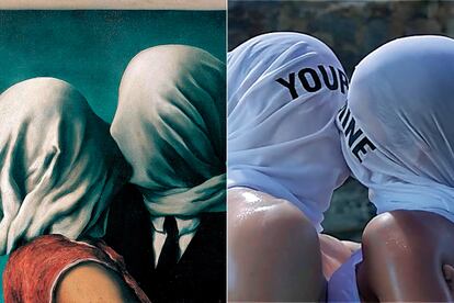 Los Amantes (1928) de Magritte, y fotograma del vídeo ‘Mine’ (2013) de Beyoncé con Drake.