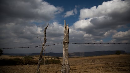 Alambrado de una finca en la Fregeneda, Salamanca, al fondo Portugal.