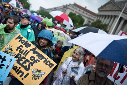 Uno de los manifestantes, camina bajo la lluvia por las calles de Washington DC, enseña un cartel pidiendo mejoras en materia medioambiental con el mensaje: 'Haz que las abejas vuelvan a Estados Unidos de nuevo'.